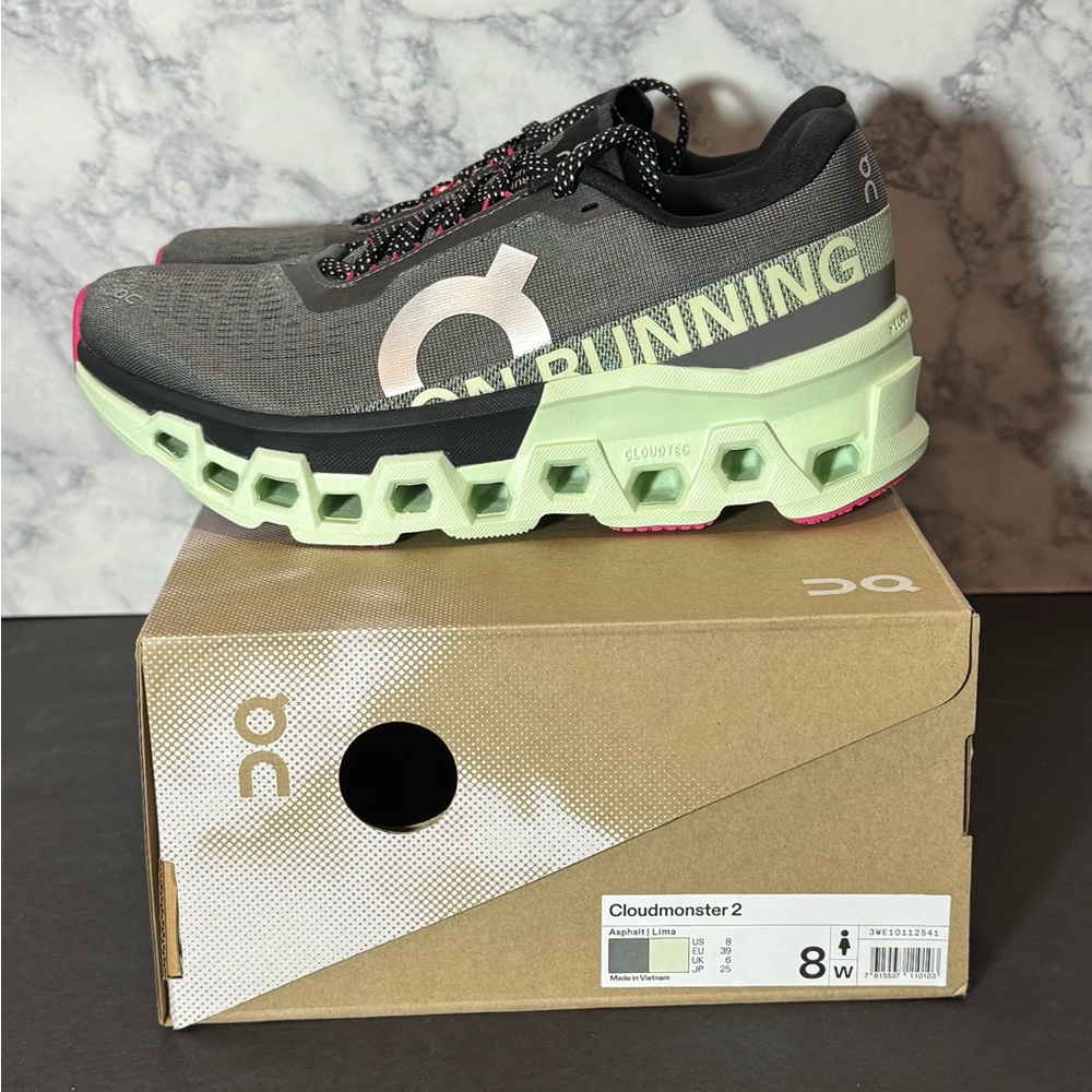 Women’s ON Cloudmonster 2 gray and mint green sneakers